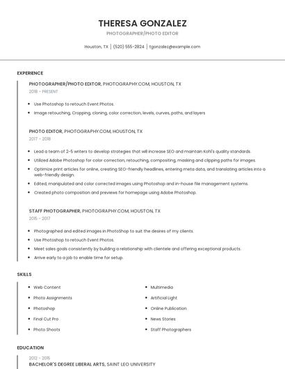 Photographer/Photo Editor Resume
