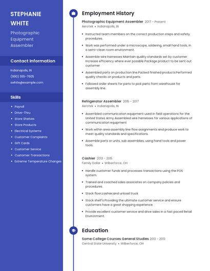 Photographic Equipment Assembler Resume