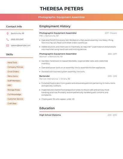 Photographic Equipment Assembler Resume