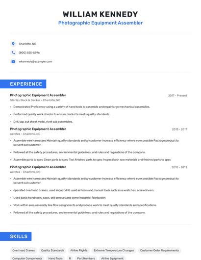 Photographic Equipment Assembler Resume