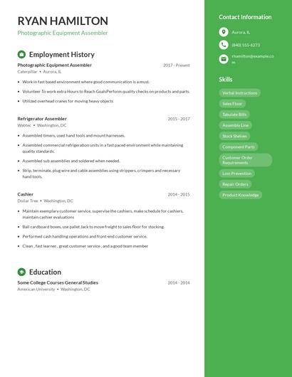 Photographic Equipment Assembler Resume