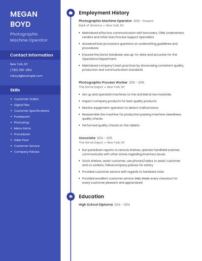 Photographic Machine Operator Resume
