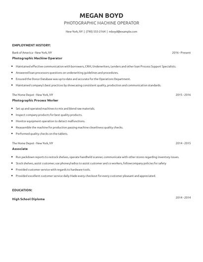 Photographic Machine Operator Resume