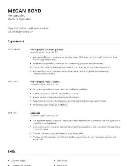 Photographic Machine Operator Resume