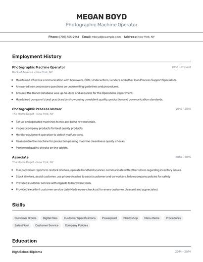 Photographic Machine Operator Resume