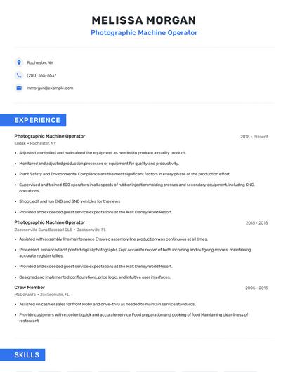 Photographic Machine Operator Resume