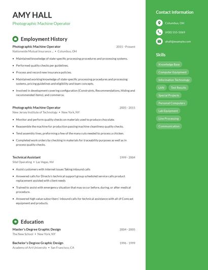 Photographic Machine Operator Resume