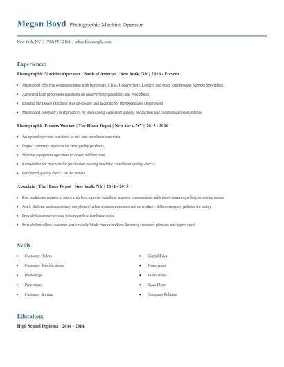 Photographic Machine Operator Resume