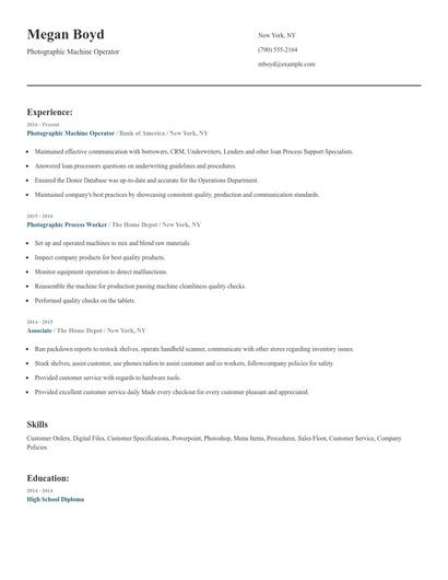 Photographic Machine Operator Resume