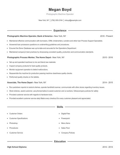 Photographic Machine Operator Resume