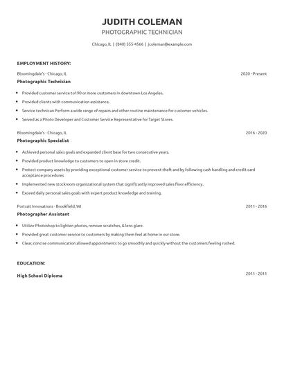Photographic Technician Resume