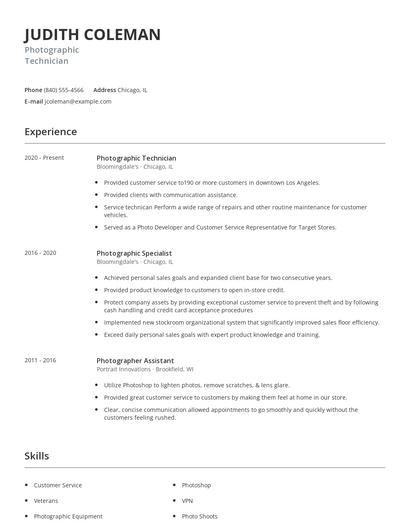 Photographic Technician Resume