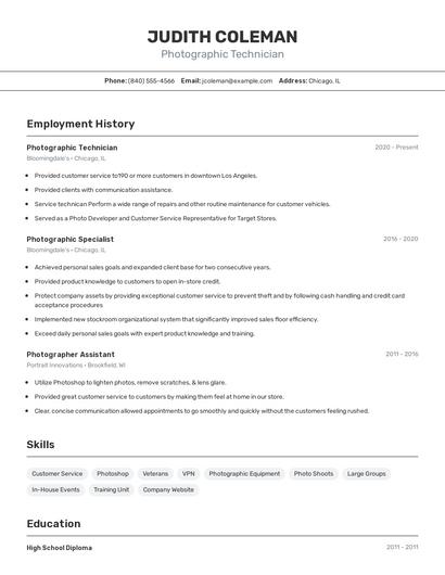 Photographic Technician Resume