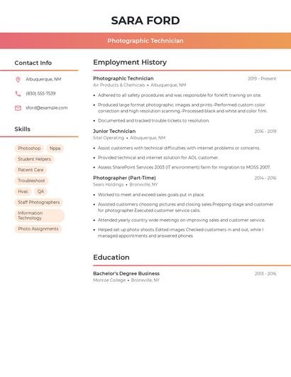 Photographic Technician Resume