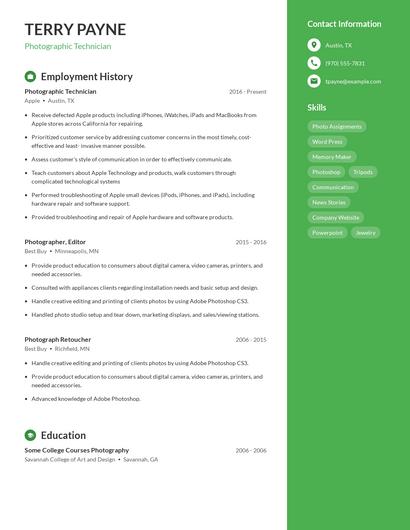 Photographic Technician Resume