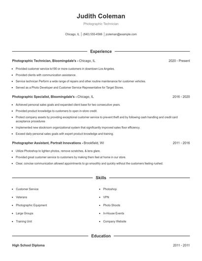 Photographic Technician Resume
