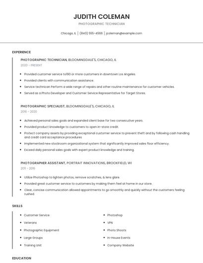Photographic Technician Resume
