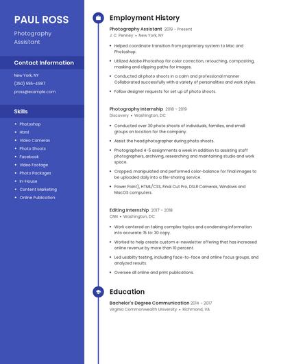 Photography Assistant Resume