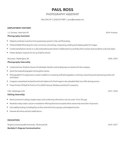 Photography Assistant Resume
