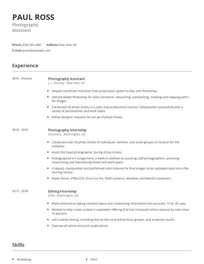 Photography Assistant Resume