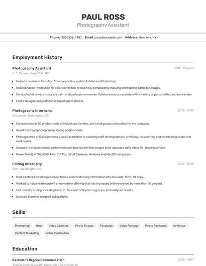 Photography Assistant Resume