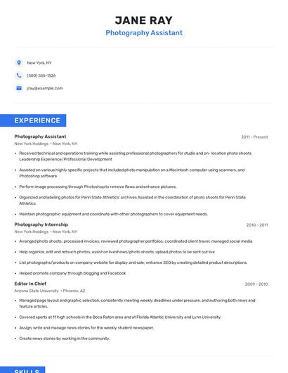 Photography Assistant Resume