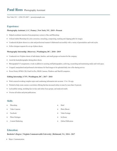 Photography Assistant Resume