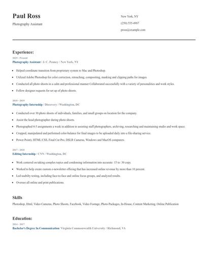 Photography Assistant Resume