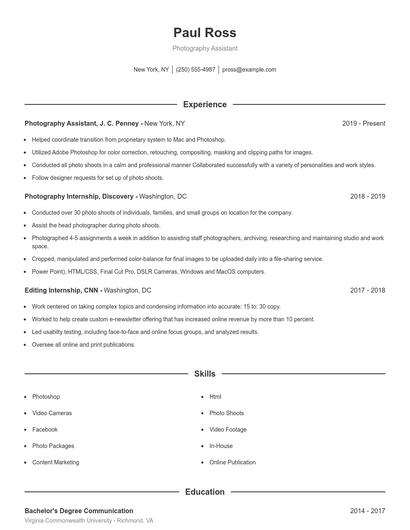 Photography Assistant Resume
