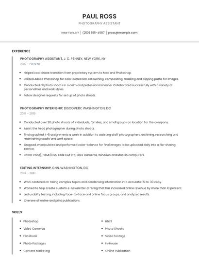 Photography Assistant Resume