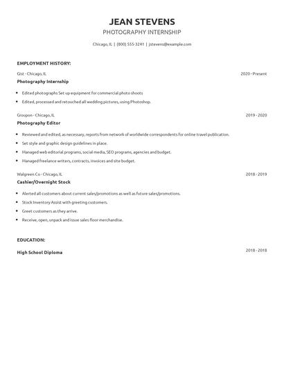 Photography Internship Resume