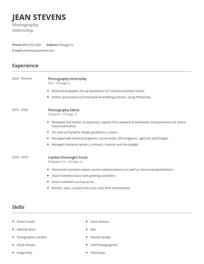 Photography Internship Resume