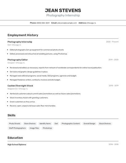 Photography Internship Resume
