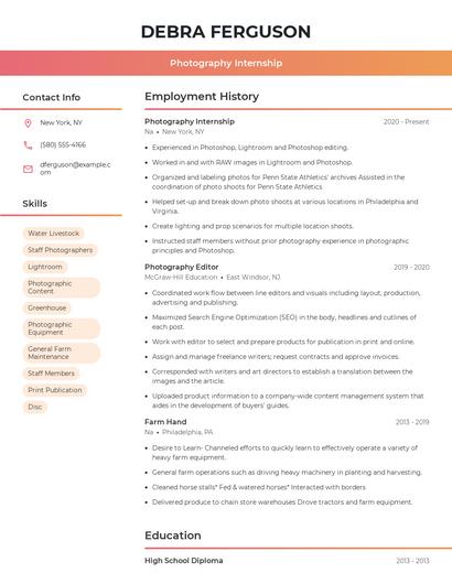 Photography Internship Resume