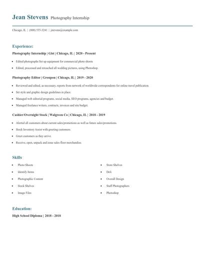 Photography Internship Resume