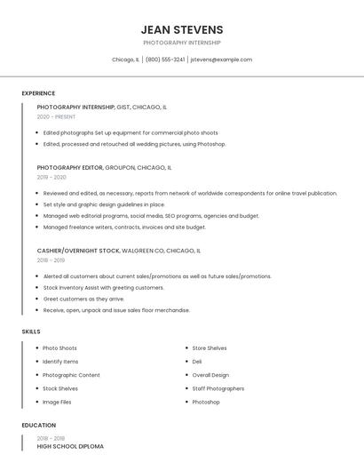 Photography Internship Resume