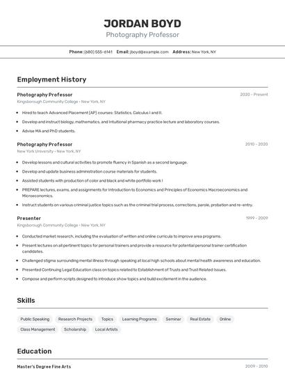 Photography Professor Resume