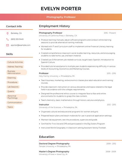 Photography Professor Resume