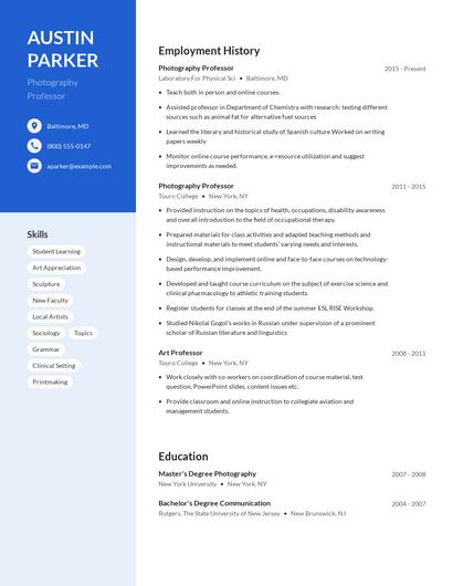 Photography Professor Resume