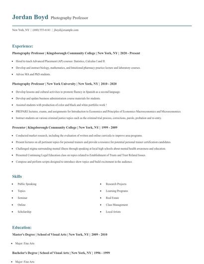 Photography Professor Resume