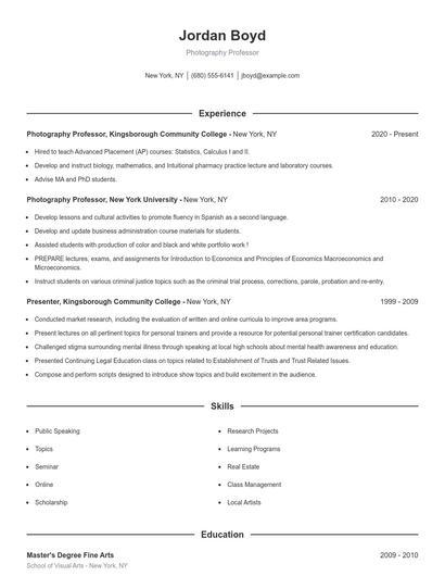 Photography Professor Resume