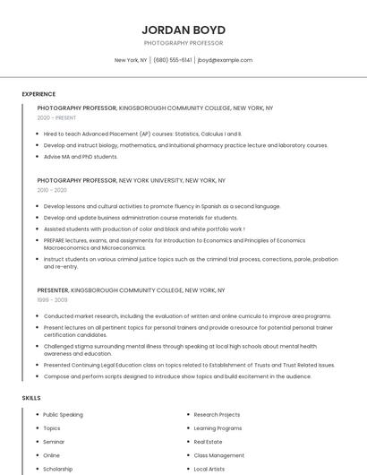 Photography Professor Resume