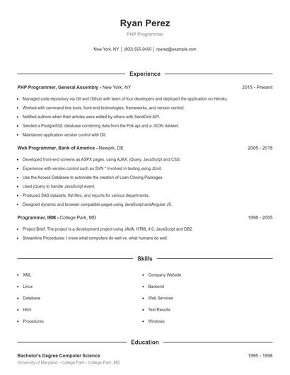 PHP Programmer Resume