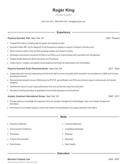 Physical Scientist Resume