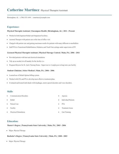 Physical Therapist Assistant Resume