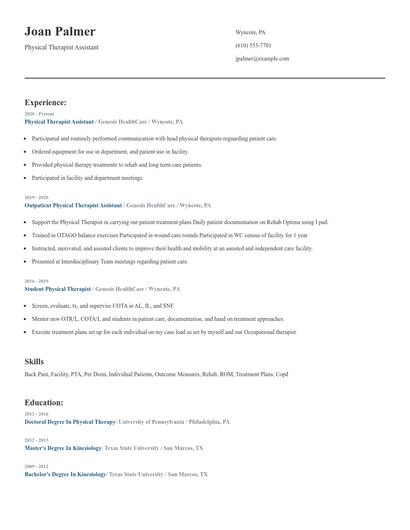 Physical Therapist Assistant Resume
