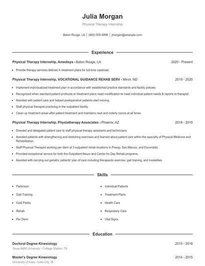 Physical Therapy Internship Resume