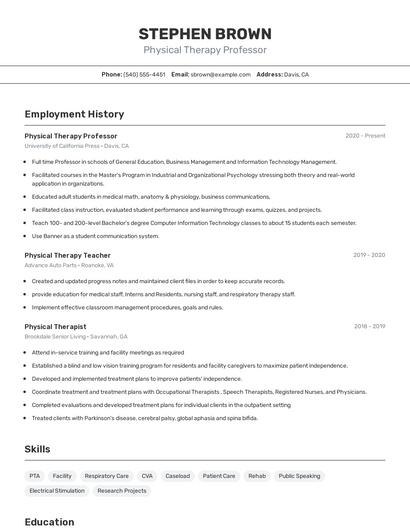 Physical Therapy Professor Resume
