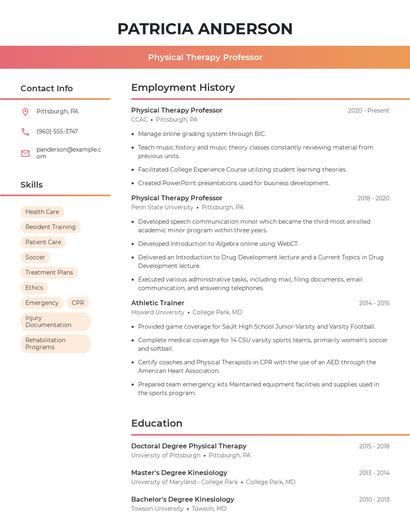 Physical Therapy Professor Resume