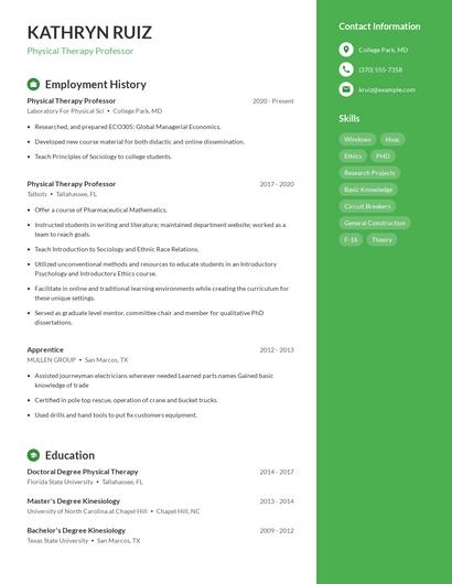Physical Therapy Professor Resume